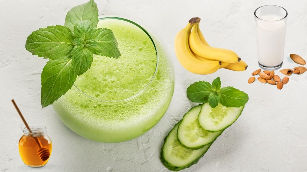 Cucumber Celery Smoothie with banana, almonds, milk and honey