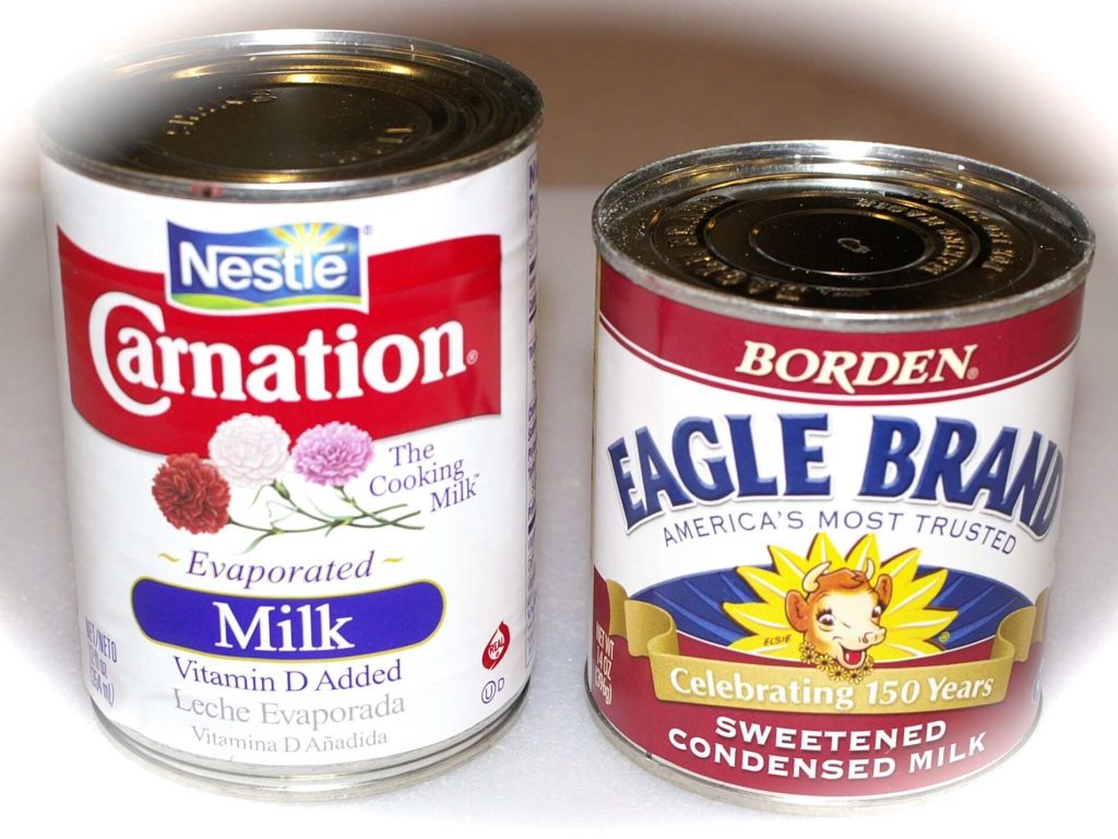 Cans of evaporated milk and condensed milk